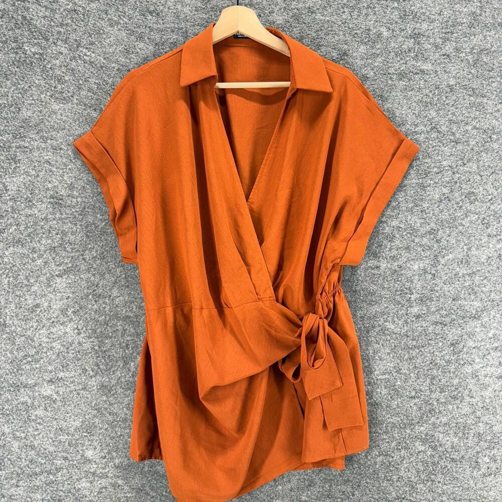 SheIn Wrap Blouse Women 3XL Brown Collared Short Sleeve Belted Tie Up Tasseled